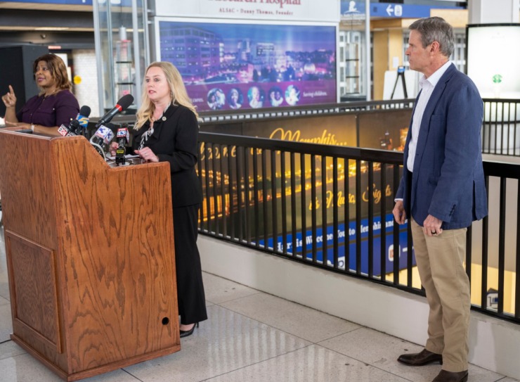 <strong>Dr. Lisa Piercey, Commissioner of the Tennessee Department of Health, addresses the public at Gov. Bill Lee's press conference at Memphis International Airport Friday, March 27, 2020. Gov. Lee keeps his social distance to the right.</strong> (Greg Campbell/Special to The Daily Memphian)