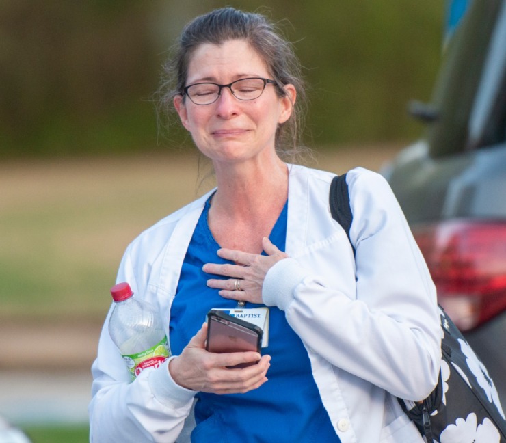 <strong>Sharon Gant, RN, is overwhelmed with the group gathered to show their gratitude towards health care workers Sunday night, March 29, 2020 at Baptist Memorial Hospital-Collierville.</strong>(Greg Campbell/Special for The Daily Memphian)