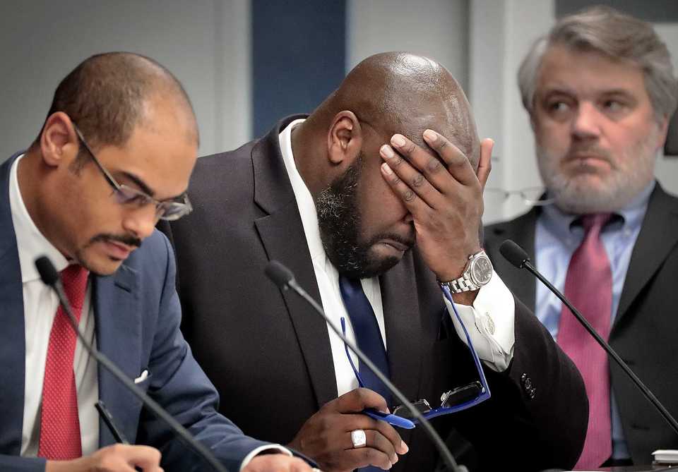 <strong>Memphis City Council members Edmund Ford Jr. (left), Chairman Berlin Boyd and Frank Colvett Jr. listen to testimony by TBI officials about a resolution asking for automatic TBI investigation of officer-involved shootings during a City Council committee meeting on Nov. 20, 2018.</strong> (Jim Weber/Daily Memphian)