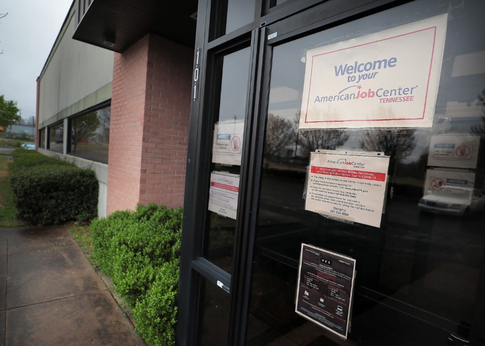 <strong>Doors are closed to job seekers on March, 24 2020, at the unemployment office in Hickory Hill even as the unemployment rate soars in Memphis due to layoffs caused by COVID-19.</strong> (Jim Weber/Daily Memphian)