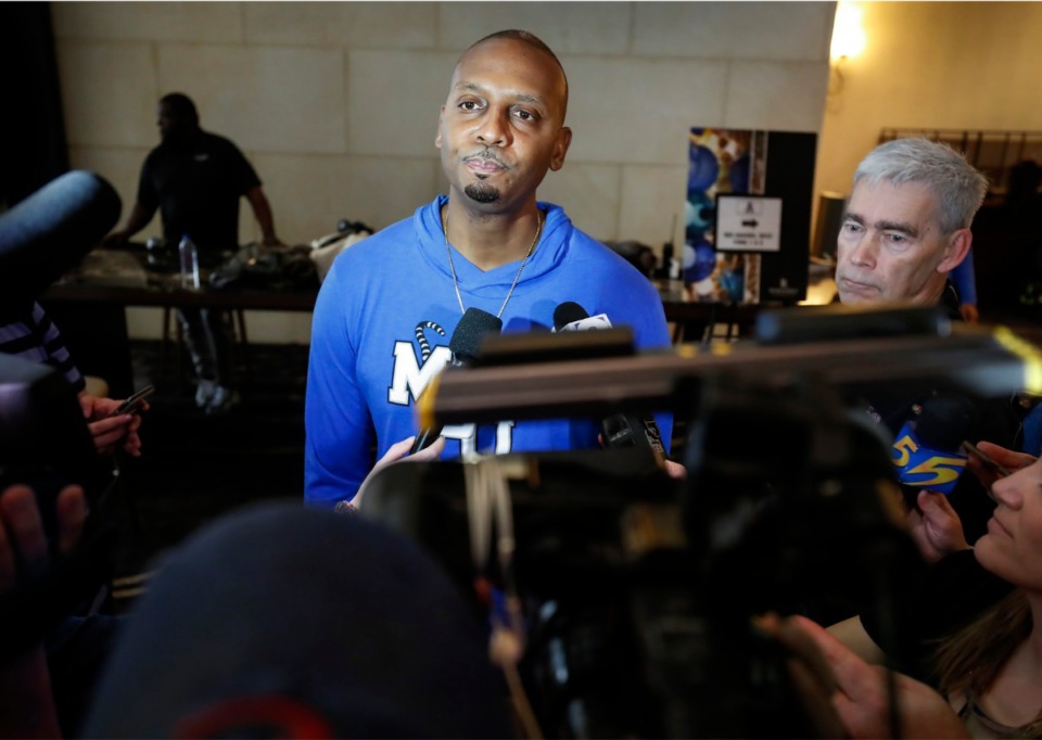 <strong>Memphis head coach Penny Hardaway speaks to the media after American Athletic Conference officials announced the cancellation of the men&rsquo;s conference basketball tournament on Thursday, March 12, 2020, in Fort Worth. Basketball news these days is in slow motion.</strong> (Mark Weber/Daily Memphian file)