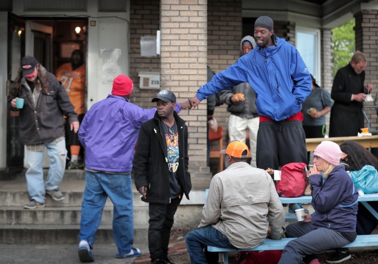 <strong>Homeless Memphians stop by Constance Abbey for a morning cup of coffee on April, 2, 2020. Since COVID-19 social distancing, Roger and Margery Wolcott, who run the charity, are seeing an uptick in traffic. The increase is due to churches closing doors for social distancing and also other homeless facilities cutting back to minimize spreading the virus.</strong> (Jim Weber/Daily Memphian)