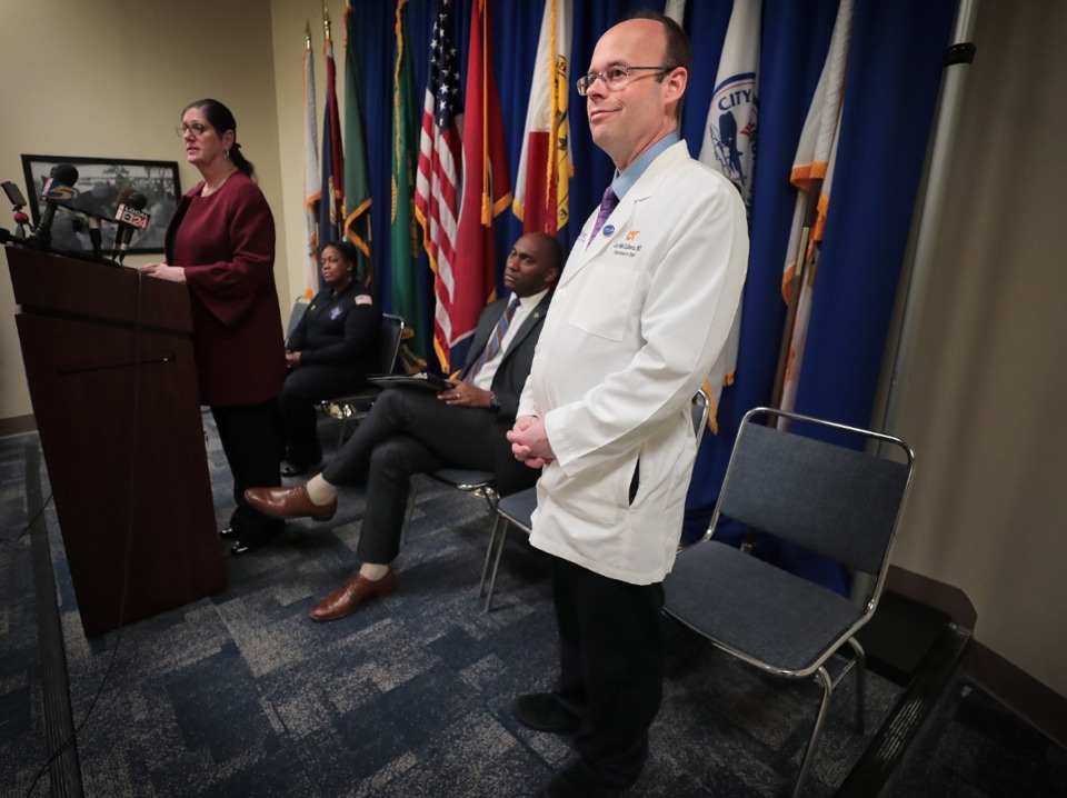 <strong>Dr. Jon McCullers,&nbsp;<span class="s1">pediatrician-in-chief at Le Bonheur Children&rsquo;s Hospital and associate dean at the University of Tennessee College of Medicine (at a March 19 press briefing at the Shelby County Emergency Management and Homeland Security office) is also a sports fan.&nbsp;</span></strong>(Jim Weber/Daily Memphian)
