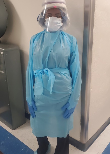<strong>&ldquo;The shields are actually supposed to be changed out after every patient," Bonner said. "But because the shields are so hard to come by, I&rsquo;m cleaning and reusing it.&rdquo;</strong> (Photo courtesy Charlene Bonner)
