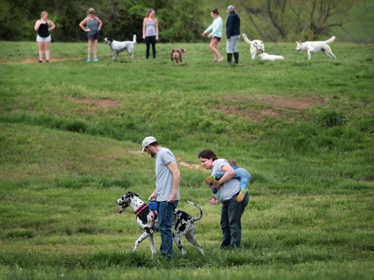 <strong>Rachel Robb struggles to get her son Psyler Robb, 3, into proper piggy-back riding position while walking the dog Drama with her husband Matthew Robb (left) at Shelby Farms as Memphians practice social distancing during workouts, dog walks and bike rides either alone or in small groups on April 4, 2020 after concerns over reports of people congregating in city parks, caused Mayor Jim Strickland to issue new restrictions this week.</strong> (Jim Weber/Daily Memphian)