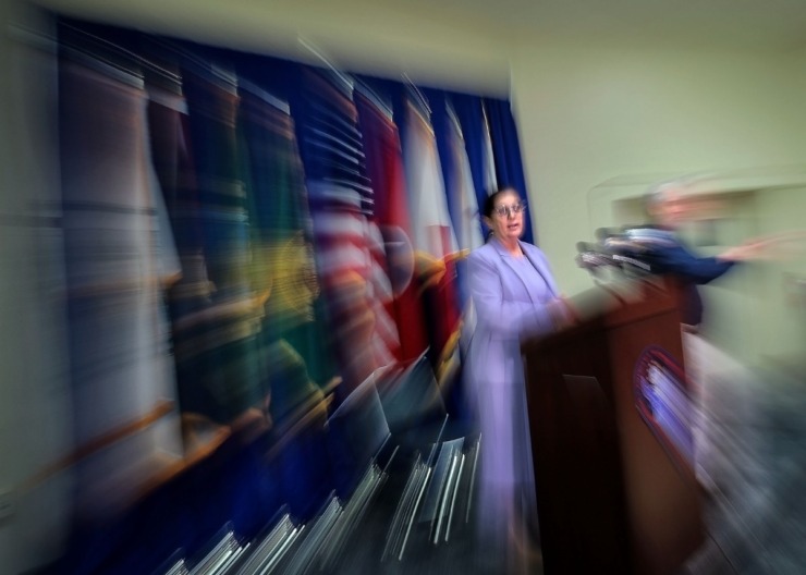 <strong>Alisa Haushalter speaks at a COVID-19 press briefing on April 2, 2020.</strong> (Jim Weber/Daily Memphian)