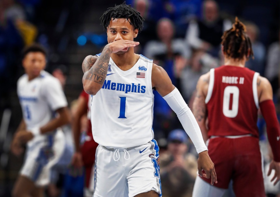 <strong>Memphis guard Tyler Harris celebrates a made 3-pointer abasing the Temple defense during action Wednesday, Feb. 5, 2020 at the FedExForum.</strong> (Mark Weber/Daily Memphian file)