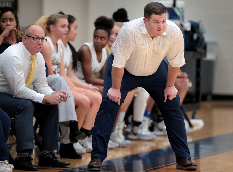 <strong>Wes Shappley (right, coaching the Lady Tigers basketball team Jan. 7, 2020 at Arlington High School) has announced that he's accepted a coaching position at Bartlett High.</strong> (Jim Weber/Daily Memphian file)&nbsp;