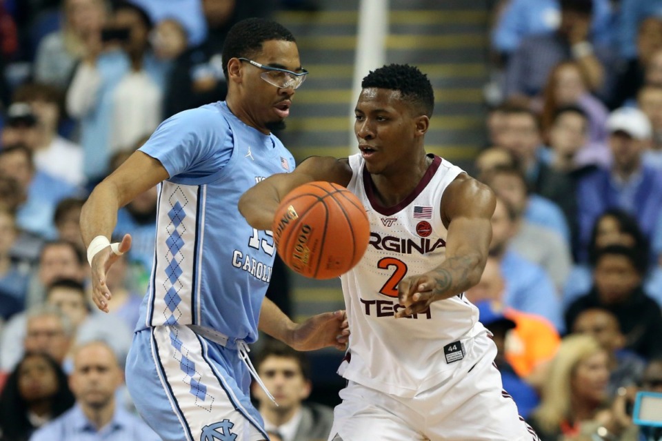<strong>Landers Nolley II (2) attacks the lane against North Carolina while with Virginia Tech in Greensboro, N.C., Tuesday, March 10, 2020.</strong> (Ben McKeown/AP)