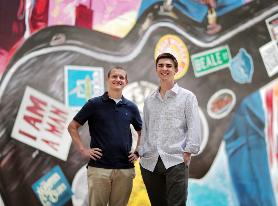 <strong>Photographed on Main Street on April 17, 2020, local entrepreneurs Matt Cook (left) and Mitchell Lindsey have launched BuyTime, which pairs people needing career and professional coaching with "hosts" who can provide advice and expertise for a fee.</strong> (Jim Weber/Daily Memphian)