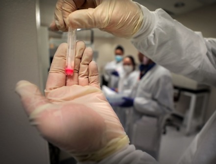 <strong>UT's Director of Pathology Tim Hodge holds a vial containing a sample of dead COVID-19 virus to be tested at UTHSC's Coronavirus testing lab in the Hamilton Eye Center on April 16, 2020.</strong> (Jim Weber/Daily Memphian file)