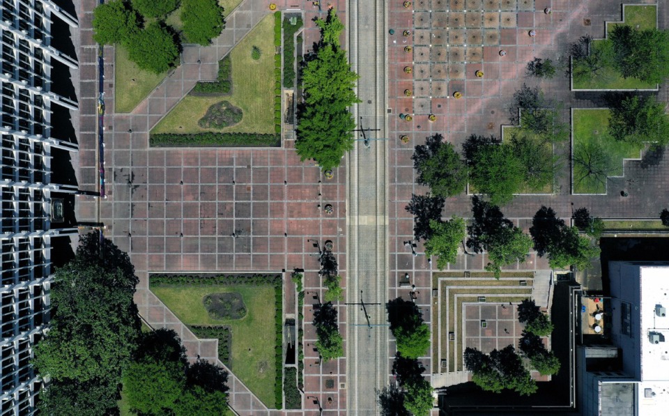 <strong>Civic Plaza outside Memphis City Hall is usually the center of the city's political world, but instead it sits empty April 20, 2020.</strong> (Patrick Lantrip/Daily Memphian drone photo)