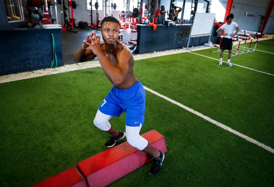 <strong>Rising junior quarterback Tevin Carter rehabs a torn ACL on Thursday, April 30, 2020. Carter, a homeschool student, will play for Kirby High School next season.</strong> (Mark Weber/Daily Memphian)