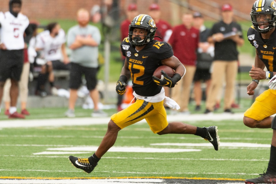 <strong>Missouri wide receiver Johnathon Johnson runs the ball during the second quarter of an NCAA college football game against South Carolina Sept. 21, 2019, in Columbia, Mo.</strong>&nbsp;<strong>The former Melrose star has signed with the Washington Redskins.</strong> (L.G. Patterson/AP file)