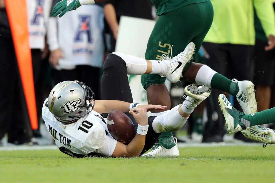 <strong>Central Florida quarterback McKenzie Milton was injured after being tackled during an NCAA college football game against South Florida Nov. 23, 2018, in Tampa.</strong> <strong>When Memphis and UCF face each other Saturday in the American Athletic Conference championship game, it will mark the first time in the last two seasons Milton won&rsquo;t appear against the Tigers.</strong> (Mike Carlson/Associated Press)