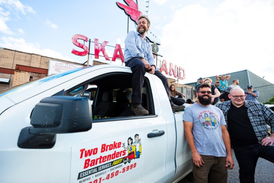 <strong>Taylor Berger of Two Broke Bartenders and a motley service industry crew stand in front of the old Skateland building before moving in on May 8, 2020.</strong> (Ziggy Mack/Special to The Daily Memphian)