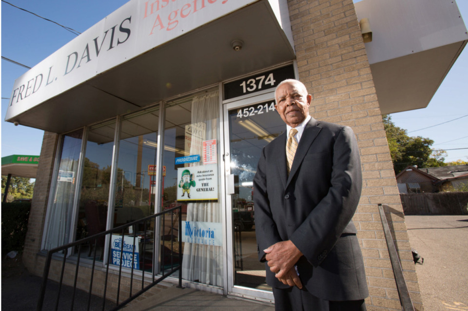 <strong>Fred L. Davis in front of his insurance Agency in Orange Mound in 2015. Davis was a charter city council member.</strong> (Daily Memphian file)
