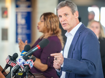 <strong>Tennessee Governor Bill Lee (right) gave a press conference on the pandemic at the Memphis International Airport on March 27.</strong>&nbsp;(Greg Campbell/Daily Memphian file)