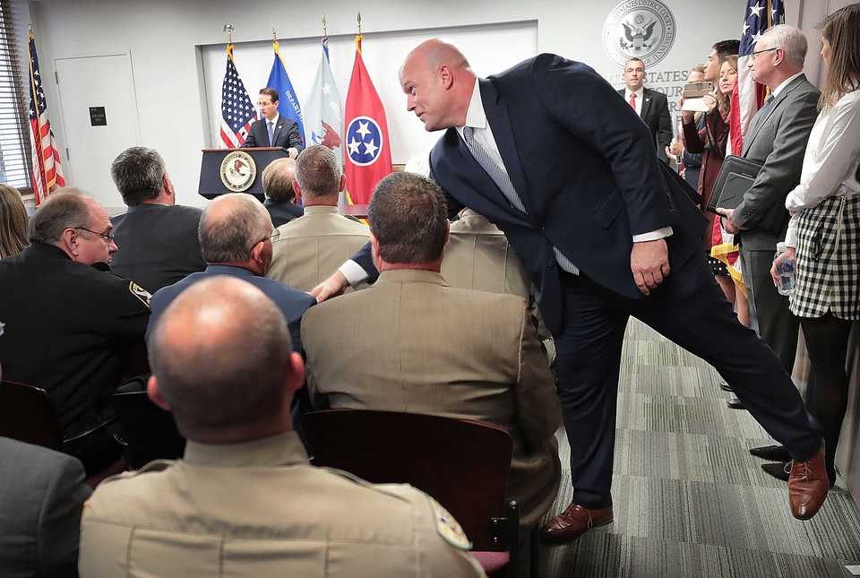 <strong>Acting U.S. Attorney General Matthew Whitaker greets Mid-South law enforcement officials after talking with them about initiatives to combat the rising rate of violent crime during a meeting at the federal building on Nov. 28.</strong> (Jim Weber/Daily Memphian)