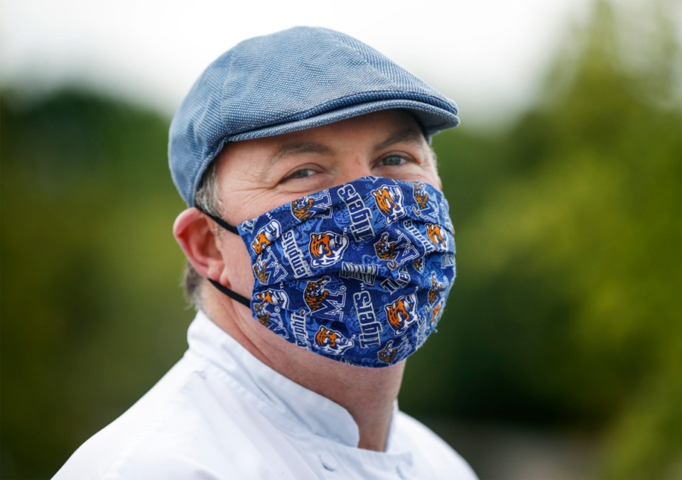 <strong>Chef Ashton Hall wears a University of Memphis face mask on Friday, May 8, 2020 at Shelby Farms.</strong> (Mark Weber/Daily Memphian)