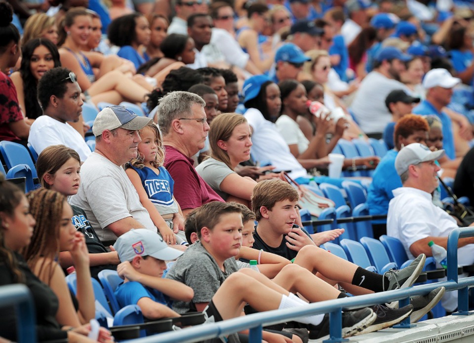 <strong>Fans fill the Liberty Bowl with a sea of blue for the Memphis Tigers' annual scrimmage and fan fest on Aug. 10, 2019. It'll probably be a while before we see this again.</strong> (Jim Weber/Daily Memphian)