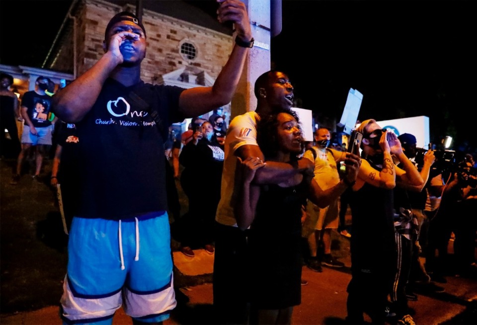 <strong>Protesters shout their anger Downtown over the death of George Floyd in Minneapolis on May 27, 2020.</strong> (Mark Weber/Daily Memphian)