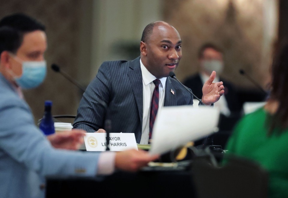<strong>Shelby County mayor Lee Harris talks about his budget proposal during a May 27, 2020, Shelby County Commission meeting held at The Peabody Hotel Grand Ballroom.</strong> (Patrick Lantrip/Daily Memphian)