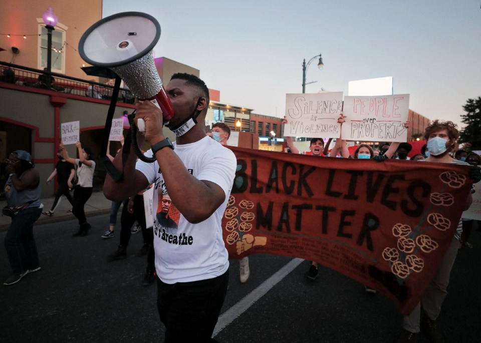 <strong>Devonte Hill leads a protest through Downtown Memphis over the death of George Floyd.</strong> (Patrick Lantrip/Daily Memphian)