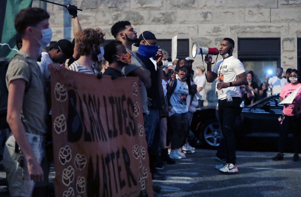 <strong>Devante Hill leads a crowd of protesters on a May 29, 2020 march throughout Downtown Memphis to protest the murder of George Floyd by the Minneapolis Police.</strong> (Patrick Lantrip/Daily Memphian)