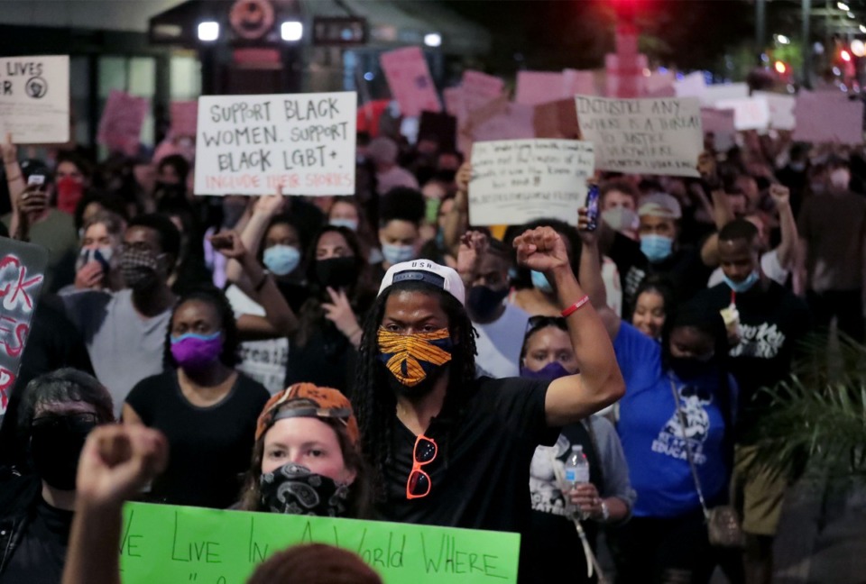 <strong>Several hundred protestors made their way down Main Street during a May 29, 2020 march throughout Downtown Memphis to protest the murder of George Floyd by the Minneapolis Police.</strong> (Patrick Lantrip/Daily Memphian)