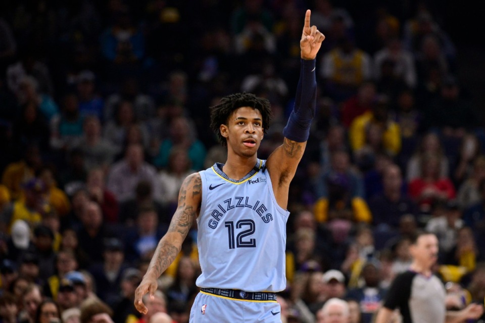 <strong>Memphis Grizzlies guard Ja Morant (12) gestures in the first half of an NBA basketball game during February in Memphis.</strong> (AP Photo/Brandon Dill)