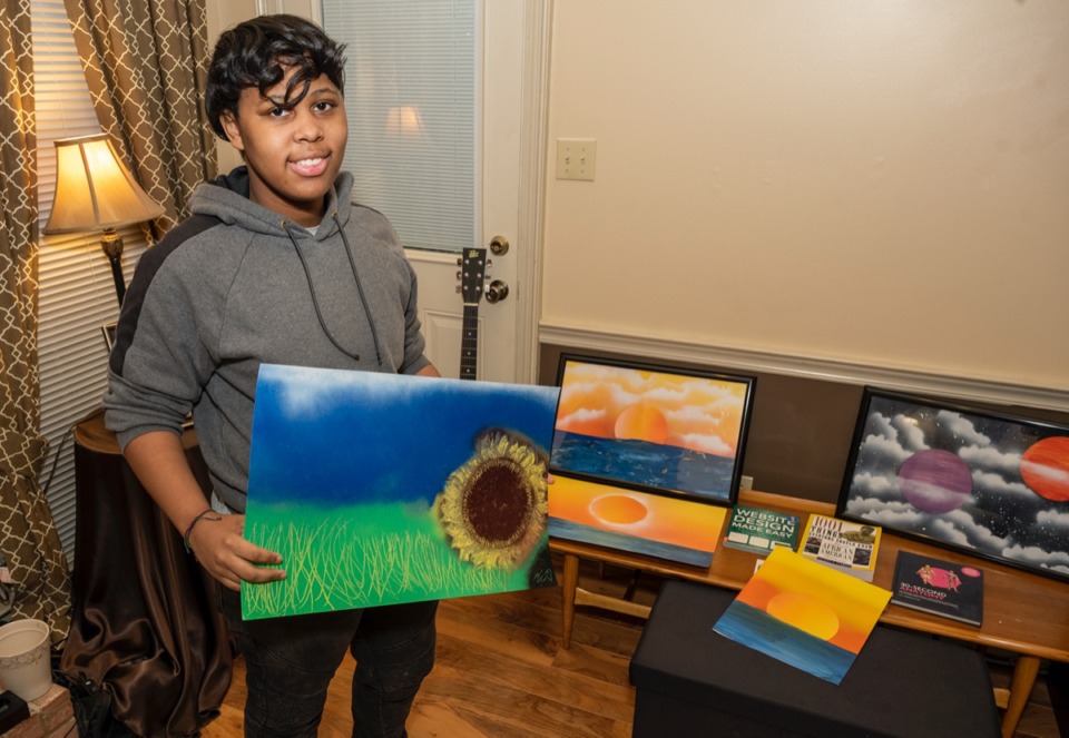 <strong>"Beauty in the Middle of a Pandemic" by high school junior Amiracle Sanaa Laney won the Congressional Art Competition for the 9th Congressional District. The spray paint art work is a tribute to Laney's mother, Pamela Burroughs.</strong> (Greg Campbell/Special for The Daily Memphian)