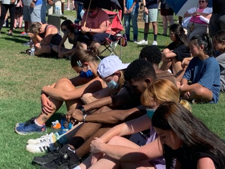 <span><strong>Some of the approximately 200 people at an informal rally in Collierville's W.C. Johnson Park bowed their heads in a moment of silence for George Floyd June 6, 2020.</strong> (Abigail Warren/Daily Memphian)</span>
