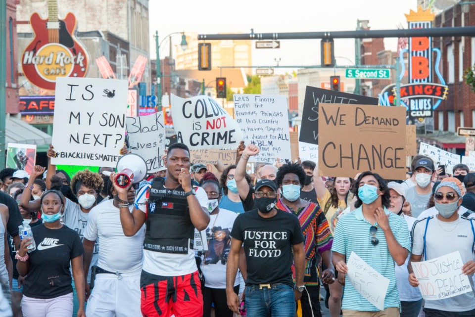 <strong>Protesters walk through the Beale Street entertainment district Saturday night, June 6, 2020.</strong> (Greg Campbell/Special for The Daily Memphian)