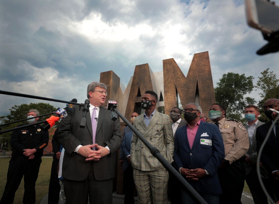 <strong>Memphis mayor Jim Strickland and DeVante Hill spoke at a press conference at I Am A Man Plaza June 3, 2020. </strong>(Patrick Lantrip/Daily Memphian)