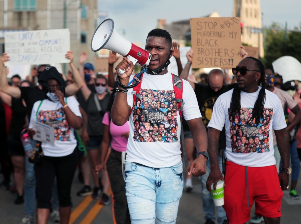 <strong>DeVante Hill leads a march through Downtown Memphis June 7, 2020 during the twelfth night of protests over the death of George Floyd.</strong> (Patrick Lantrip/Daily Memphian)