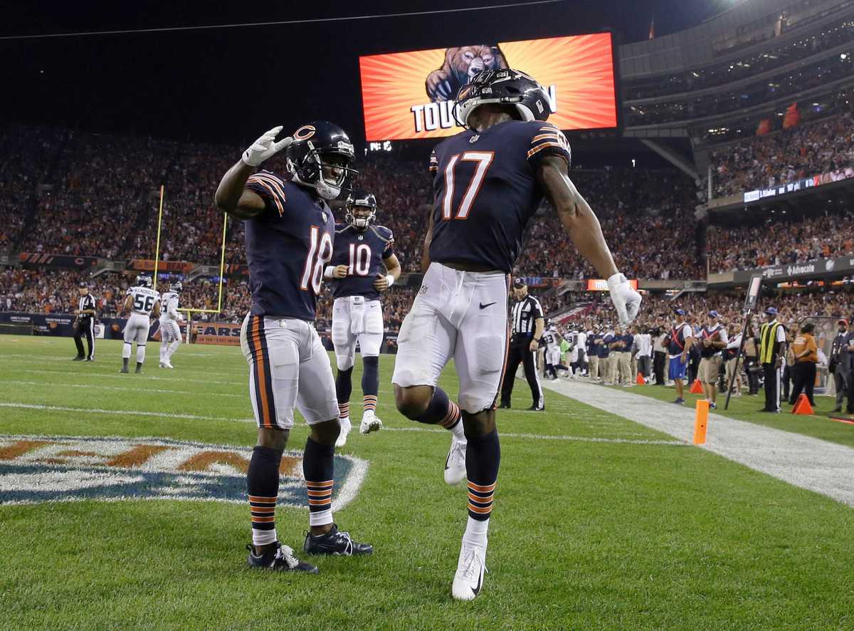 Chicago, Illinois, USA. 17th Sep, 2018. - Bears #17 Anthony Miller  celebrates his touchdown during the NFL Game between the Seattle Seahawks  and Chicago Bears at Soldier Field in Chicago, IL. Photographer: