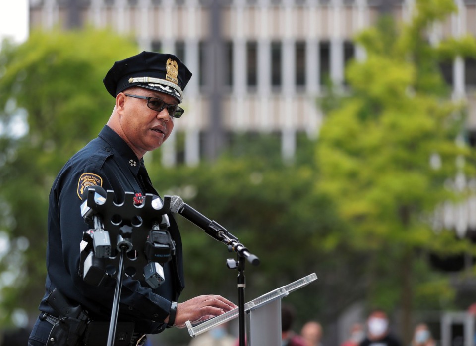 <strong>Memphis Police Department director Michael Rallings, who spoke at the George Floyd at Civic Center Plaza on June 8, 2020, says his department is already exercising the suggestions made for police reform.</strong> (Patrick Lantrip/Daily Memphian)