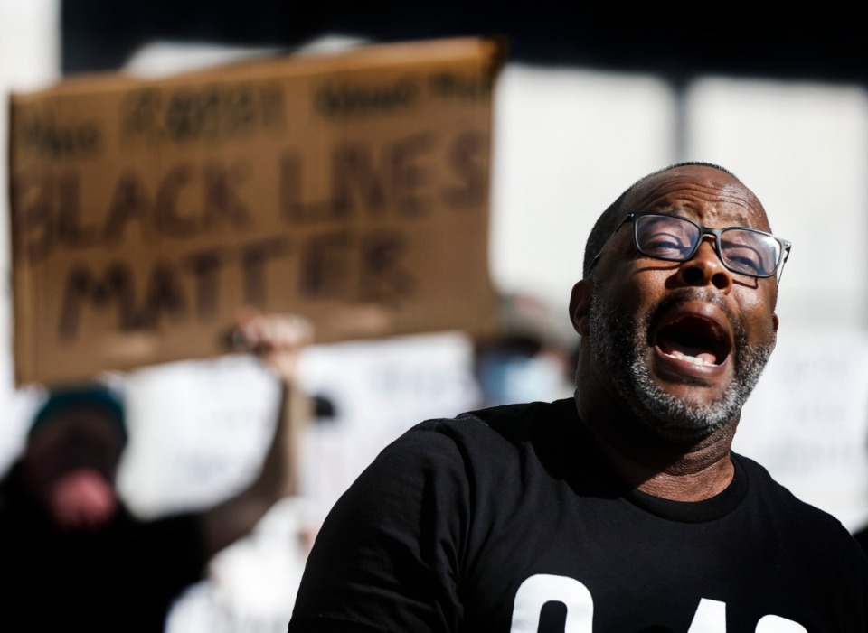 <strong>MICAH president Dr. Stacy Spencer addresses hundreds who gathered for a rally at Memphis City Hall at 8:46 a.m. on Tuesday, June 16. MICAH is calling for police and criminal justice reform, and addressing systemic inequality.</strong> (Mark Weber/Daily Memphian)