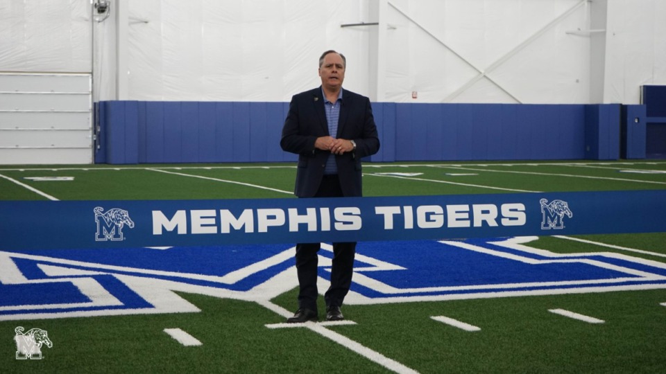 <strong>University of Memphis President David Rudd led the ceremonial ribbon-cutting for the new indoor practice facility on Wednesday, June 17, 2020.</strong> (Marcus Tompkins/Submitted photo)