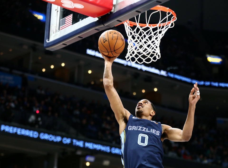 <strong>In one of the team's last games so far this season, Memphis Grizzlies guard De' Anthony Melton (0) shoots a lay up against the Atlanta Hawks at the FedExForum on March 7, 2020.</strong> (Patrick Lantrip/Daily Memphian file)