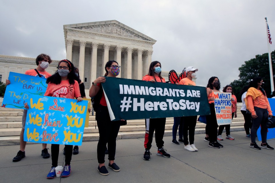 <strong>Deferred Action for Childhood Arrivals (DACA) students celebrate in front of the U.S. Supreme Court after the court rejected President Donald Trump's effort to end legal protections for young immigrants, on Thursday, June 18, in Washington.</strong> (Manuel Balce Ceneta/Associated Press)