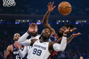 <strong>Jae Crowder (99) and the Grizzlies battle the New York Knickson Jan. 29, 2020, in New York.</strong> (Frank Franklin II/AP)