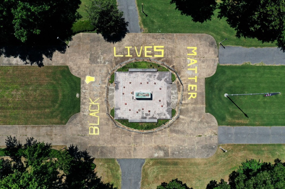 <strong>A group of protesters painted 'Black lives matter' around the graves of KKK leader and Confederate general Nathan Bedford Forrest and his wife Mary Ann in Health Sciences Park on the evening of June 24, 2020, and the early morning hours of June 25. (Patrick Lantrip/Daily Memphian)</strong>