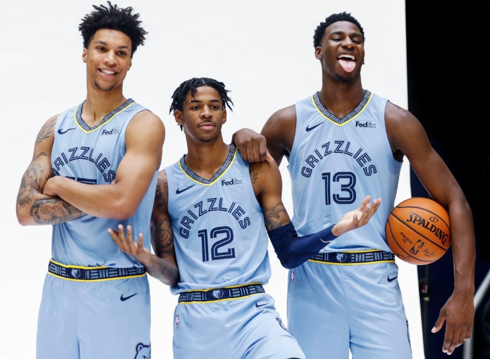 <strong>Memphis Grizzlies Brandon Clarke, Ja Morant and Jaren Jackson Jr., pose for pictures during the team's media day last September.</strong> (Mark Weber/Daily Memphian file)