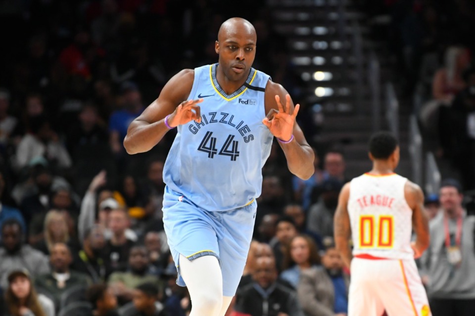 <strong>Memphis Grizzlies Anthony Tolliver reacts after a three-point basket against the Atlanta Hawks during the second half of an NBA basketball game Monday, March 2, 2020, in Atlanta.</strong> (AP Photo/John Amis)