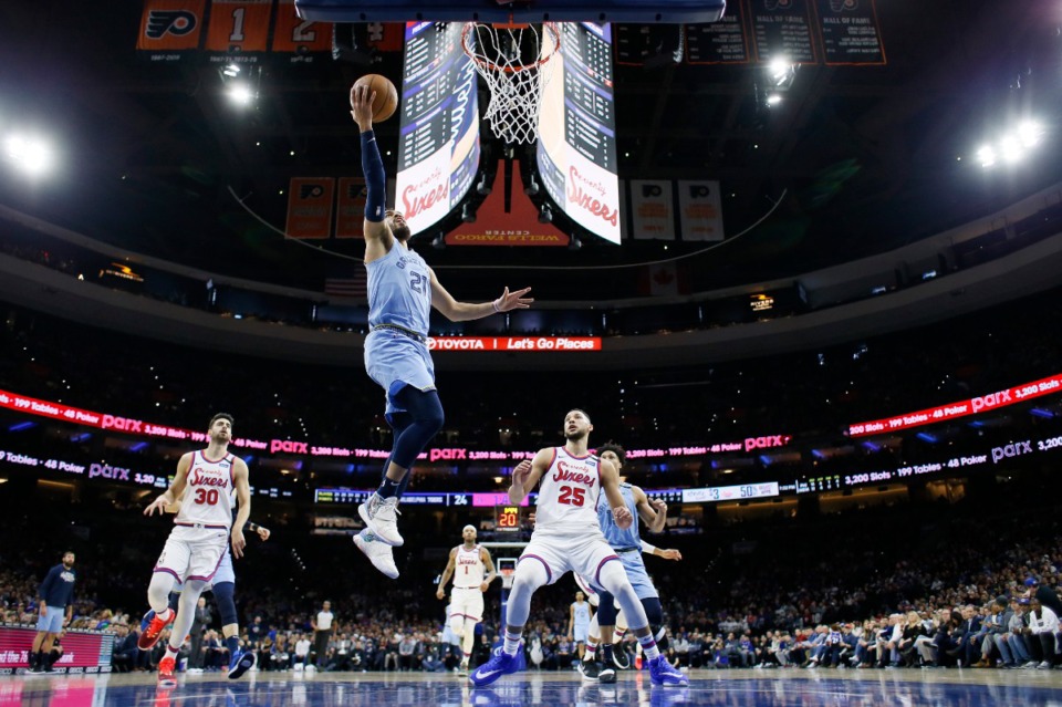 <strong>Memphis Grizzlies' Tyus Jones goes up for a shot during a game against the Philadelphia 76ers in February.</strong> (AP Photo/Matt Slocum)