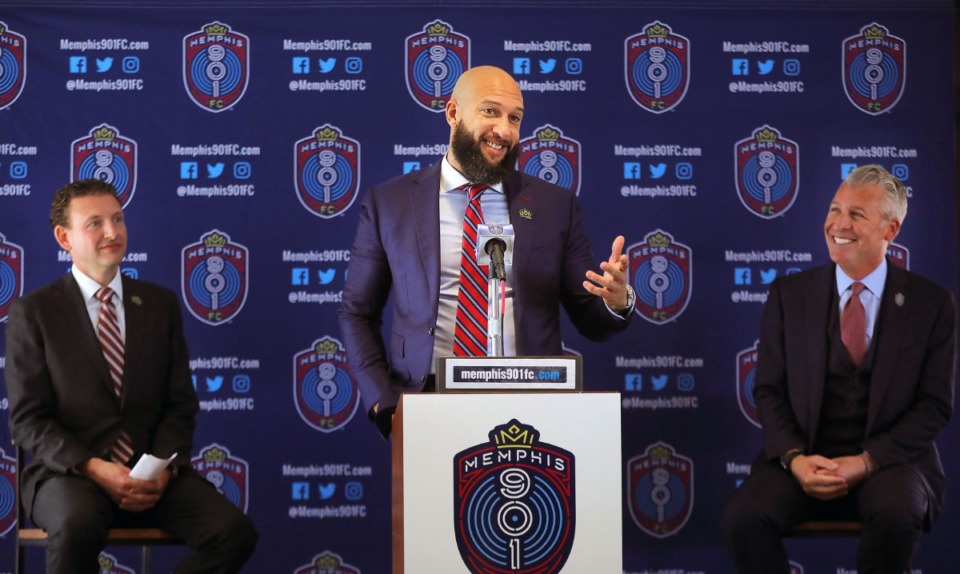<strong>Goalie Tim Howard announced during a Jan. 8 press briefing that he was accepting a new position as sporting director of Memphis 901 FC. He subsequently announced he would play for the team in 2020.</strong> (Patrick Lantrip/Daily Memphian file)