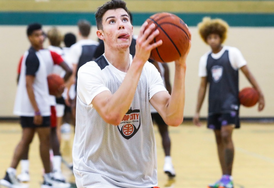 <strong>Mason Miller takes a shot during Hoop City Pro Day on Wednesday, July 7, 2020.</strong> (Mark Weber/Daily Memphian)