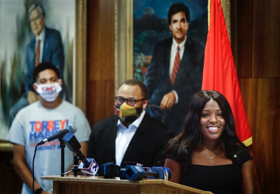 <strong>City council member Michalyn Easter-Thomas (right) leads a press conference discussing her resolution calling for a part of Poplar Ave., to be renamed Black Lives Matter Ave., on Monday, July 20, 2020, at the Hall of Mayors. The street renaming would run from Front Street to Danny Thomas Boulevard and include the Shelby County Criminal Justice Center.</strong> (Mark Weber/Daily Memphian)